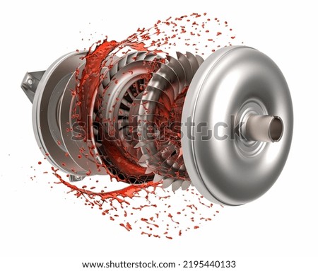 Exploded view of car torque converter. Torque converter with transmission oil. Car torque converter. Transmission oil is red. 3d rendering