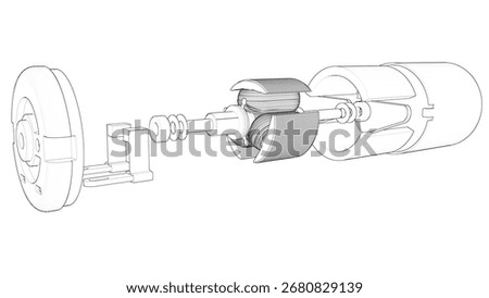 Exploded View Electric Motor DC - Motor Assembly. 3D Mesh, Sketch, Vector style or Drawing. 3D rendering isolated on white background. Ideal for educational, engineering, and industrial.