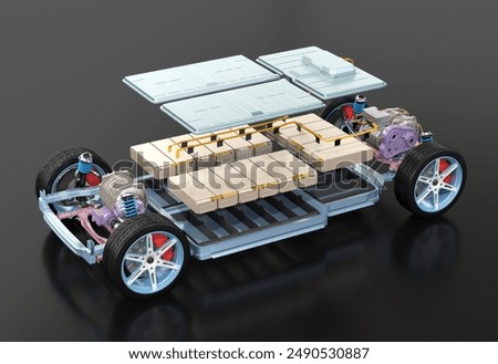 Exploded view of electric vehicle chassis equipped with battery pack on black background. Function parts in different color. 3D rendering image.