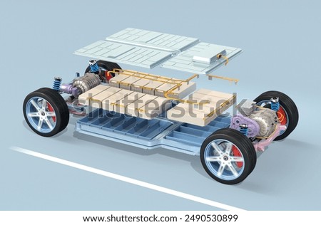 Exploded view of electric vehicle chassis equipped with battery pack on the road. Function parts in different color. 3D rendering image.