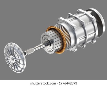 Exploded view of Electric Vehicle Motor on gray background. 3D rendering image.