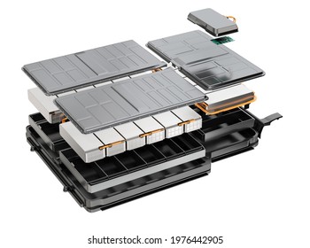 Exploded view of Electric Vehicle's battery pack isolated on white background. 3D rendering image.