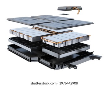 Exploded view of Electric Vehicle's battery pack isolated on white background. 3D rendering image.