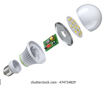 Exploded View Of LED Bulb Isolated On White Background - 3D Illustration