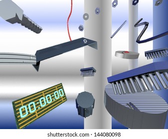 Exploded View Of Miscellaneous Electronic Parts Floating Around A White And Blue Room.