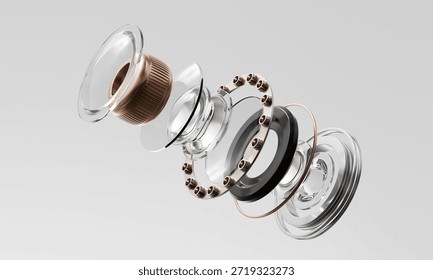 Exploded View of Mobile Device Camera Lens Components. 3D Rendering.