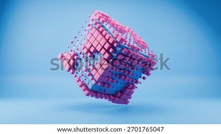 Exploding Digital Cube: Ideal for illustrating data analysis, system breakdown, transformation, or high-tech concepts requiring a dynamic visual.