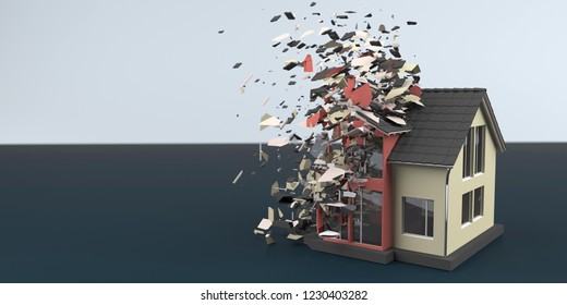 Exploding House On The Black Table.3d Illustration.