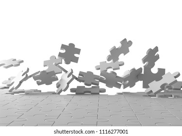 Exploding jigsaw puzzle on white background. Breaking the floor. 3d illustration