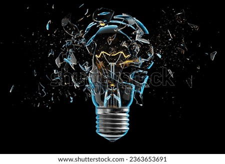 Exploding light bulb on a blue background, with concept creative thinking and innovative solutions. High quality 3D rendering. . 3D Illustration