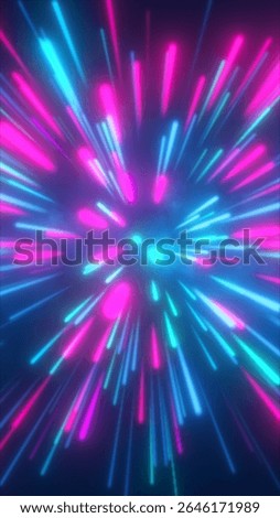 Exploding neon trails in pink and cyan burst outward from a central glowing core.