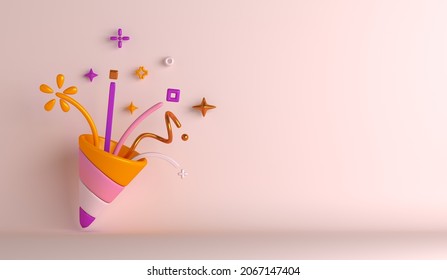 Exploding Party Popper Cone With Confetti Copy Space Text, Happy New Year Decoration Background, 3D Rendering Illustration