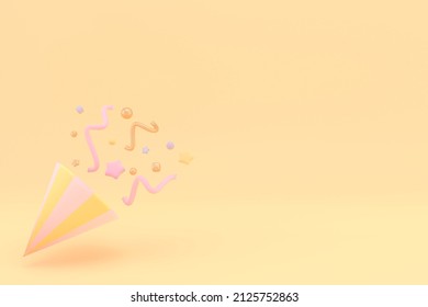 Exploding Party Popper Cone With Confetti Copy Space Text, Birthday And Anniversary Banner With Cone Popper., 3D Rendering