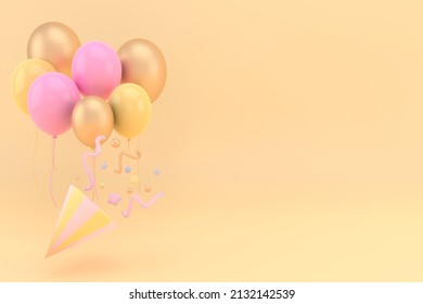 Exploding Party Popper Cone With Confetti Copy Space Text, Birthday And Anniversary Banner With Cone Popper., 3D Rendering