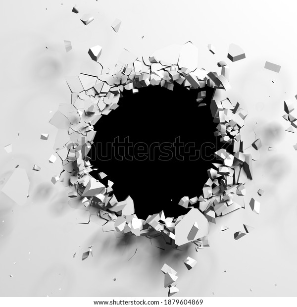 Exploding wall\
with free area on center. Dark destruction cracked hole in white\
stone wall. 3d render\
illustration