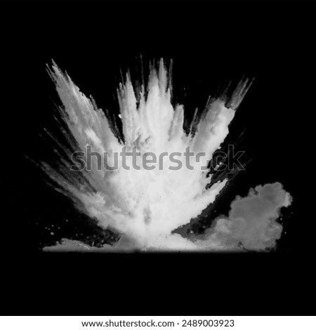 Exploding with white powder against black background. Explosion of nuclear bomb. fog and smoke explosion isolated on black, white background. Big explosion on ground.