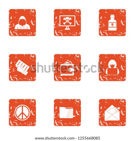 Exploit icons set. Grunge set of 9 exploit icons for web isolated on white background