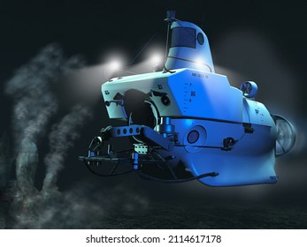 Exploration Of Underwater Volcano In Ocean In 3D Illustration