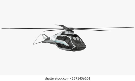 Explore advanced aviation technology with this sleek futuristic helicopter featuring an aerodynamic design ideal for high-speed travel.