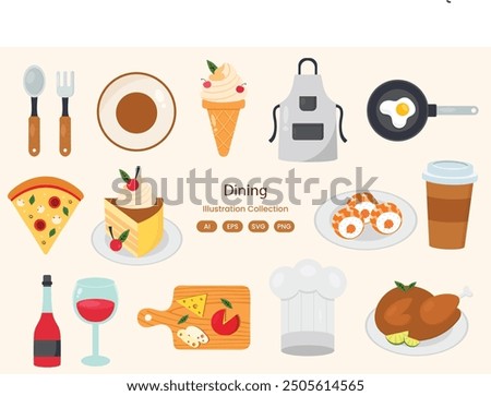 Explore the culinary arts with our Dining Items Illustration Pack! From elegant cocktail glasses to a hearty roasted chicken on a platter.