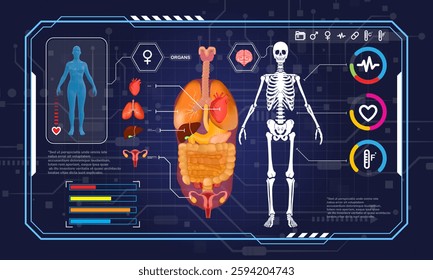 Explore an informative anatomy chart showcasing human organs, a skeleton, and health metrics. Ideal for educational and medical purposes.