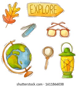 explore set 2 - Watercolor hand drawn illustration of a сute set of pictures that depicting camping theme: a globe, a pocket knife, a pair of glasses, a lighter, a magnifier glass, an autumnal leaf. - Powered by Shutterstock