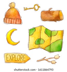 explore set 5 - Watercolor hand drawn illustration of a сute set of pictures that depicting camping theme: beanie, a log, a key, a moon, a map, a sign, and marshmallows on a stick. - Powered by Shutterstock