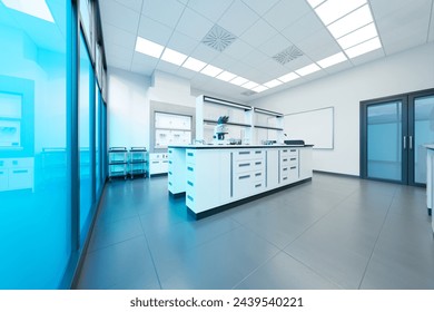 Explore the sleek and sterile environment of a cutting-edge scientific research laboratory, bursting with advanced equipment and a vibrant blue hue.