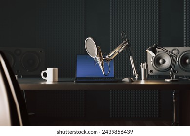 Explore this modern podcast studio, equipped with a top-tier microphone, laptop, speakers, soundproofing materials, and more, designed for professional podcasters. - Powered by Shutterstock