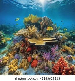 Explore a vibrant underwater realm teeming with life, rich aquatic flora, and futuristic, eco-friendly technology in harmony with nature.