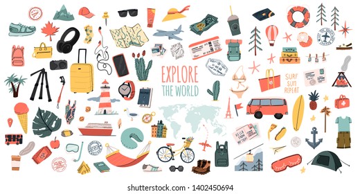 Explore The World. Hand Drawn Travel Set. Summer Vacation Time Doodle Icons Collection. Pins Or Stamps, Prints Or Logos