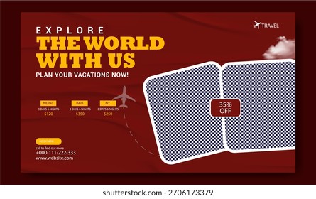Explore the world with us plan your vacations now travel agency advertisement with discount offer.
Explore the world with us plan your vacations now with stunning travel photography .