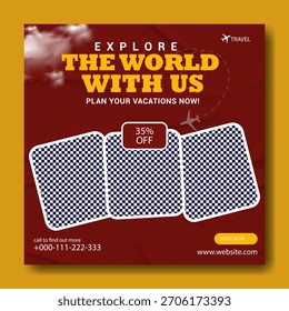 Explore the world with us plan your vacations now travel agency advertisement with discount offer.
Explore the world with us plan your vacations now with stunning travel photography .