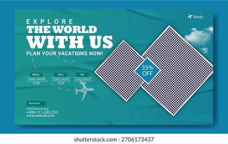 Explore the world with us plan your vacations now travel agency advertisement with discount offer.
Explore the world with us plan your vacations now with stunning travel photography .