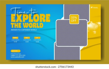Explore the world with us plan your vacations now travel agency advertisement with discount offer.
Explore the world with us plan your vacations now with stunning travel photography .