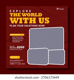 Explore the world with us plan your vacations now travel agency advertisement with discount offer.
Explore the world with us plan your vacations now with stunning travel photography .
