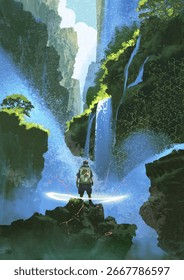 An explorer with a backpack stands on a cliff facing glowing waterfalls in a lush, futuristic canyon, digital art style, illustration painting