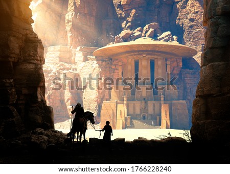 explorer and his child discover ancient Alien temple and flying saucer on the roof  in a desert cave rock - concept art - 3D rendering Stock photo © 