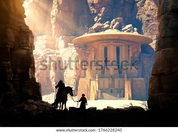 探検家と子どもが 砂漠の岩石の屋根の上にある古代宇宙人の神殿と空飛ぶ円盤を発見 コンセプトアート 3dレンダリング のイラスト素材