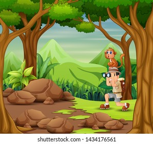 The explorer man with monkey in the forest