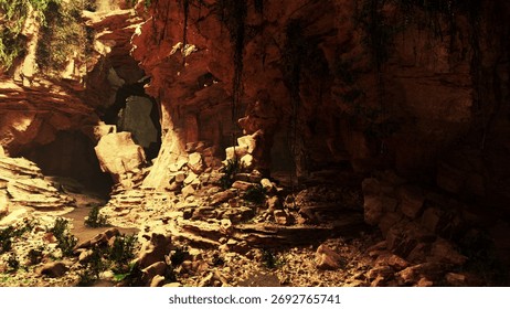 Explorers wander through a hidden cave, surrounded by towering rock formations and lush greenery. Sunlight filters through cracks, illuminating the tranquil waters below.