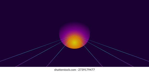 Exploring the Boundless Horizon of Digital Retro Sunsets Through Neon Lines and Radiant Purple Skies
