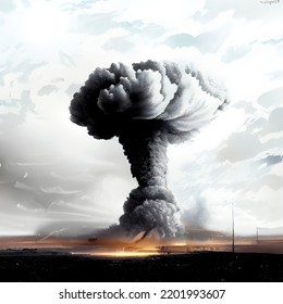 The Explosion Of An Atomic And Hydrogen Bomb. Test Site. 3d Illustration.