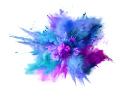 Explosion Of Blue, Aqua And Violet Dust Isolated On White. Freeze Motion Of Color Powder Exploding. Illustration