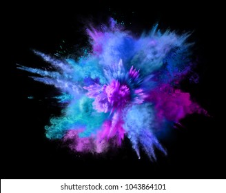 Взрыв синей, аква-и фиолетовой пыли на черном фоне. Иллюстрация