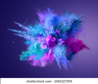 Explosión de polvo azul, acuático y violeta. Congelar el movimiento del polvo de color. Ilustración
