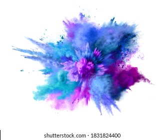 Explosión de polvo azul, acuático y violeta aislado en blanco. Congelar el movimiento del polvo de color. Ilustración