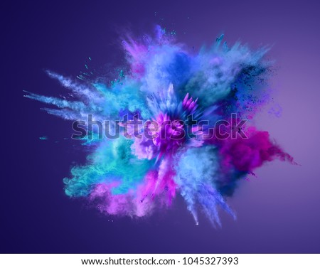 Explosion of blue, aqua and violet dust. Freeze motion of color powder exploding. Illustration ストックフォト © 