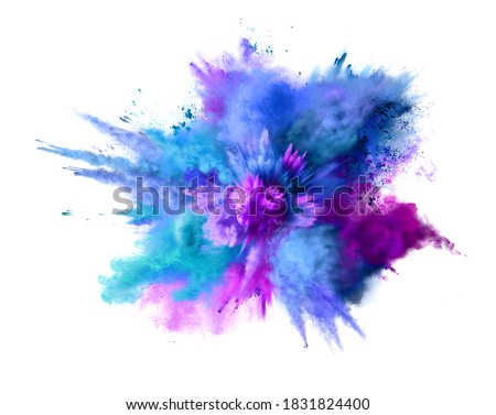 Explosion of blue, aqua and violet dust isolated on white. Freeze motion of color powder exploding. Illustration ストックフォト © 