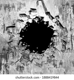 Explosion Broken Concrete Wall Bullet Hole Destruction. Dark Cracked Hole In Wall. Grunge Background. 3d Render Illustration